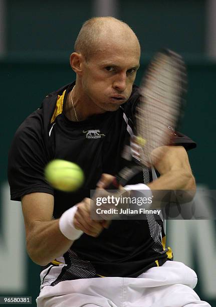 Nikolay Davydenko of Russia in action in his match against Marcus Baghdatis of Cyprus during day four of the ABN AMBRO World Tennis Tournament on...