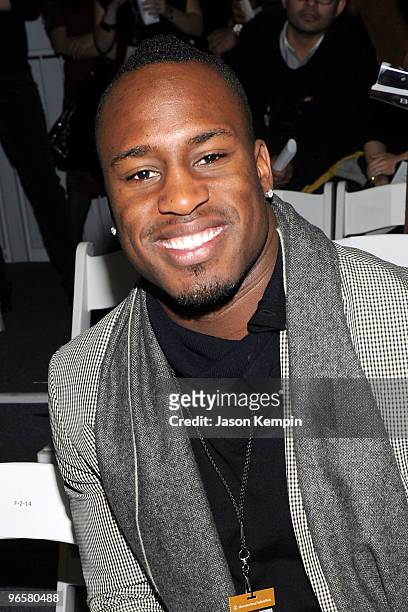 Player Vernon Davis attends the Duckie Brown Fall 2010 Fashion Show during Mercedes-Benz Fashion Week at The Salon at Bryant Park on February 11,...