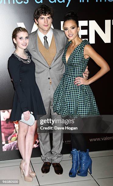 Emma Roberts, Ashton Kutcher and Jessica Alba attend the European premiere of Valentines Day held at the Odeon Leicester Square on February 11, 2010...