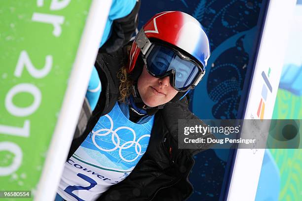 Stacey Cook of United States looks on from the start gate prior to the Ladies Downhill training run at Whistler Creekside ahead of the Vancouver 2010...