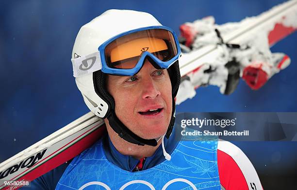 Marco Sullivan of United States competes in the men's alpine skiing downhill practice held at Whistler Creekside ahead of the Vancouver 2010 Winter...