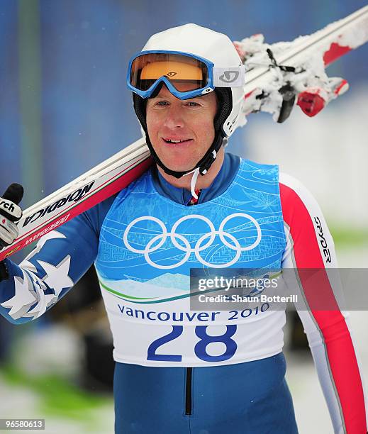 Marco Sullivan of United States competes in the men's alpine skiing downhill practice held at Whistler Creekside ahead of the Vancouver 2010 Winter...