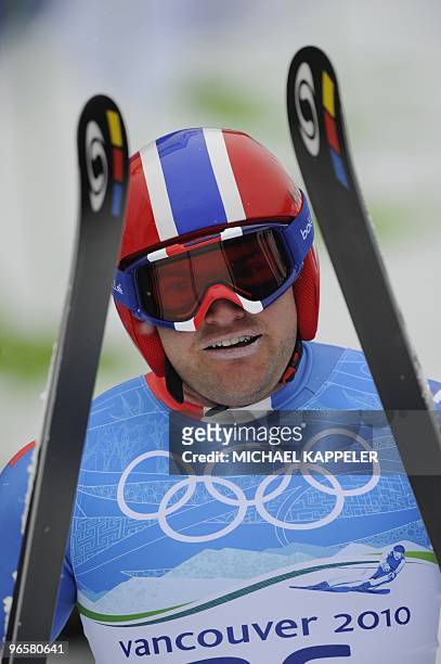 France's David Poisson is seen after the first official training for the Men's Olympic downhill at Whistler Creek side Alpine skiing venue on...