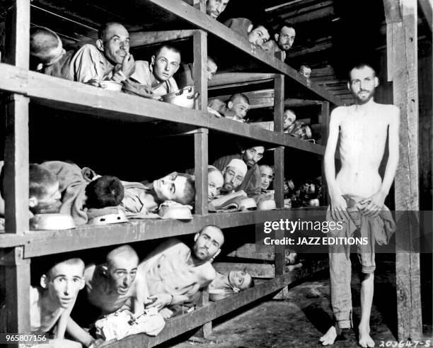 Slave laborers in the Buchenwald concentration camp near Jena;many had died from malnutrition when U.S. Troops of the 80th Division entered the camp....