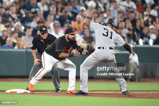 Pedro Alvarez of the Baltimore Orioles tags out Aaron Hicks of the New York Yankees on a fielders choice hit by Neil Walker in the eighth inning at...