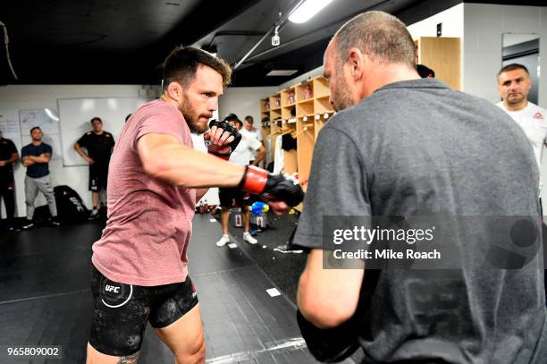 Jake Ellenberger warms up backstage during the UFC Fight Night event at the Adirondack Bank Center on June 1, 2018 in Utica, New York.