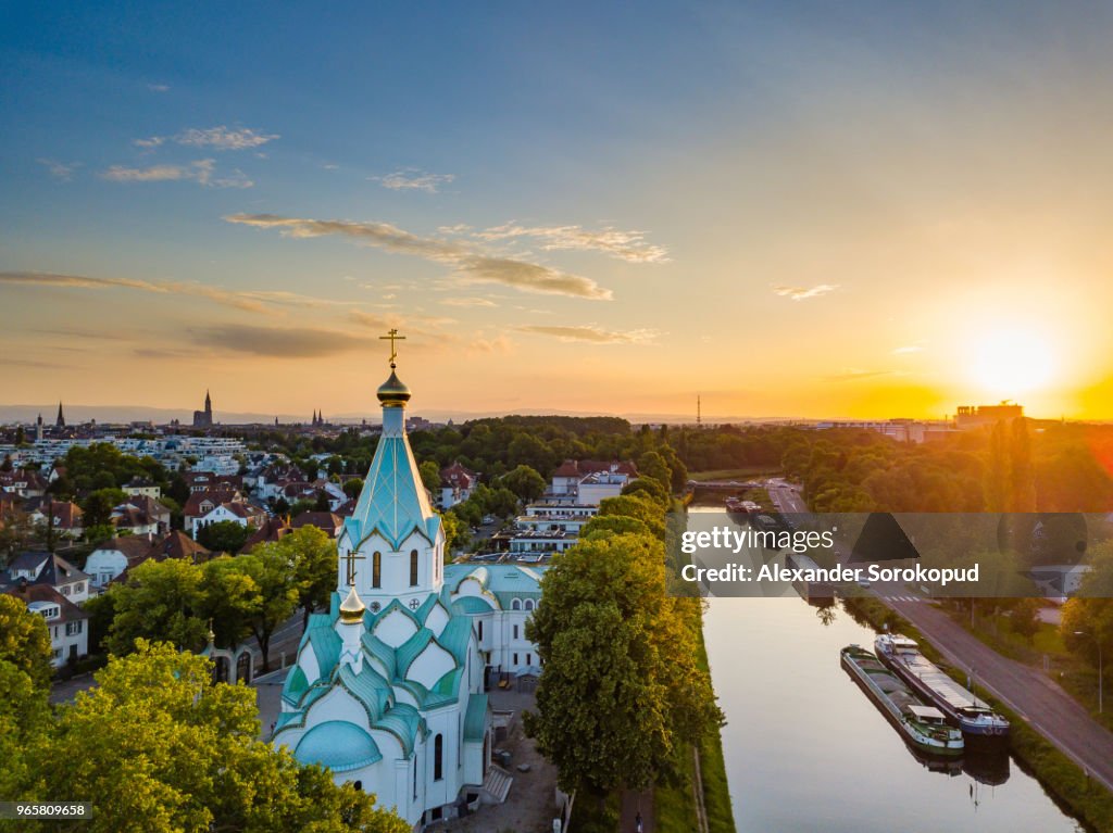 Aerial view of colorful sunset over the Strasbourg