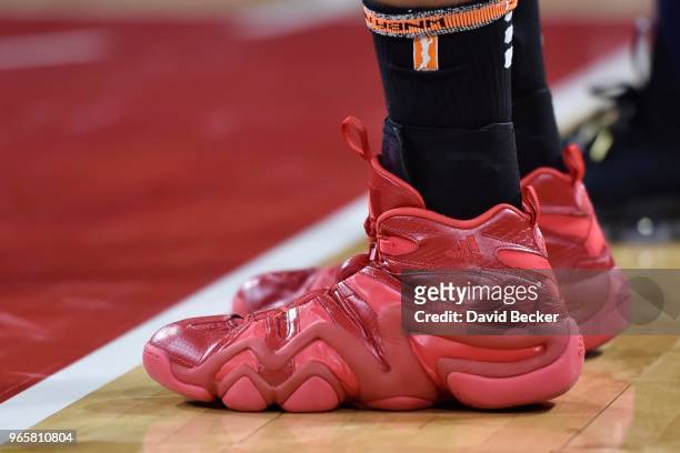 The sneakers worn by Kelsey Bone of the Las Vegas Aces are seen against the Washington Mystics on June 1, 2018 at the Mandalay Bay Events Center in...