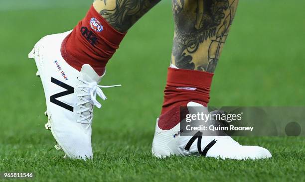 Close up of Nathan Jones boots as he plays game 250 during the round 11 AFL match between the Western Bulldogs and the Melbourne Demons at Etihad...