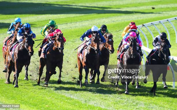 Damien Thornton riding Moonlover the widest runner on home turn before winning Race 3 during Melbourne Racing at Moonee Valley Racecourse on June 2,...