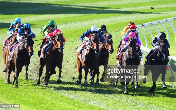 Damien Thornton riding Moonlover the widest runner on home turn before winning Race 3 during Melbourne Racing at Moonee Valley Racecourse on June 2,...