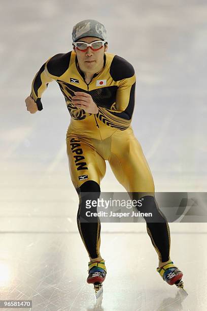 Joji Kato of Japan competes in the men's speed skating practice held at Pacific Coliseum ahead of the Vancouver 2010 Winter Olympics on February 11,...