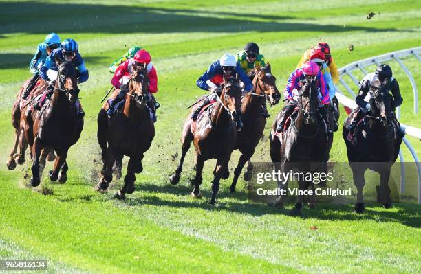 Damien Thornton riding Moonlover the widest runner on home turn before winning Race 3 during Melbourne Racing at Moonee Valley Racecourse on June 2,...