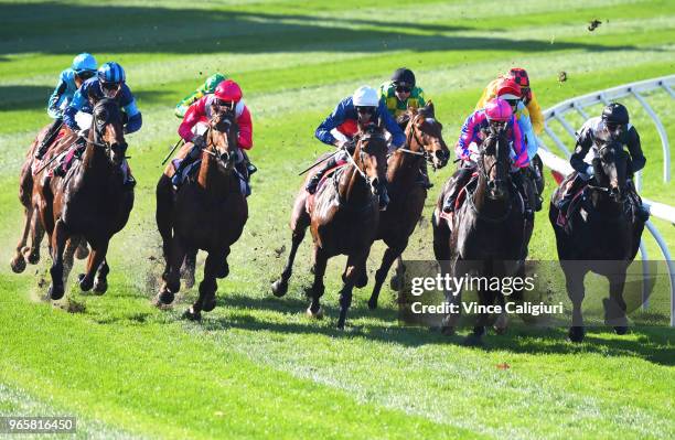 Damien Thornton riding Moonlover the widest runner on home turn before winning Race 3 during Melbourne Racing at Moonee Valley Racecourse on June 2,...