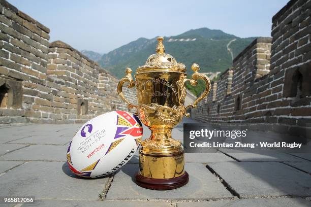 The Webb Ellis Cup and official Rugby World Cup Trophy Tour ball is seen at Mutianyu Great Wall on day 4 of the Rugby World Cup 2019 Trophy Tour on...