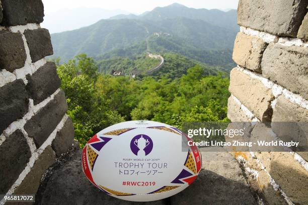 The official Rugby World Cup Trophy Tour ball is seen at Mutianyu Great Wall on day 4 of the Rugby World Cup 2019 Trophy Tour on June 2, 2018 in...