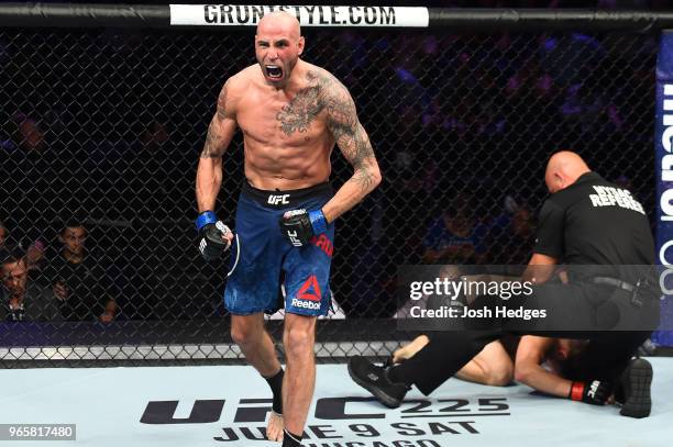 Ben Saunders reacts after finishing Jake Ellenberger in their welterweight fight during the UFC Fight Night event at the Adirondack Bank Center on...