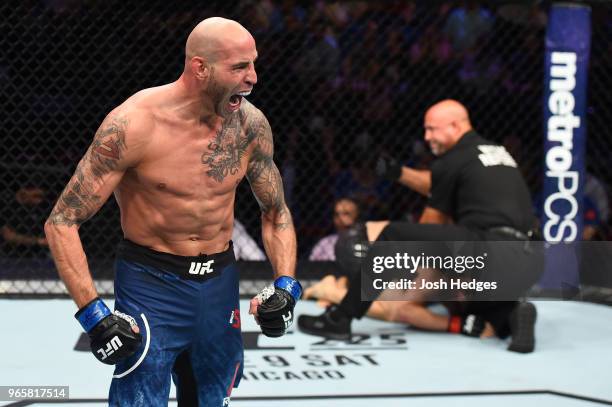 Ben Saunders reacts after finishing Jake Ellenberger in their welterweight fight during the UFC Fight Night event at the Adirondack Bank Center on...