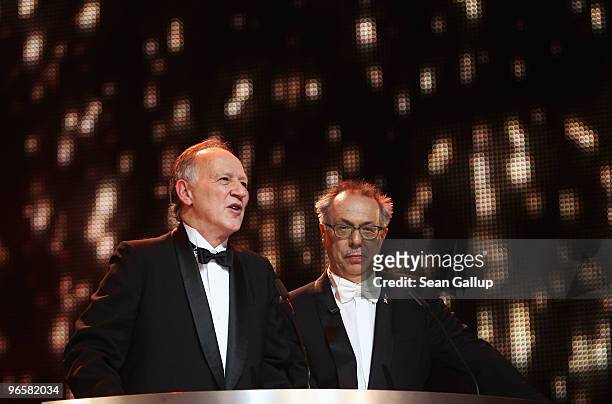Jury president Werner Herzog and Festival director Dieter Kosslick attend the Opening Ceremony of the 60th Berlin International Film Festival at the...