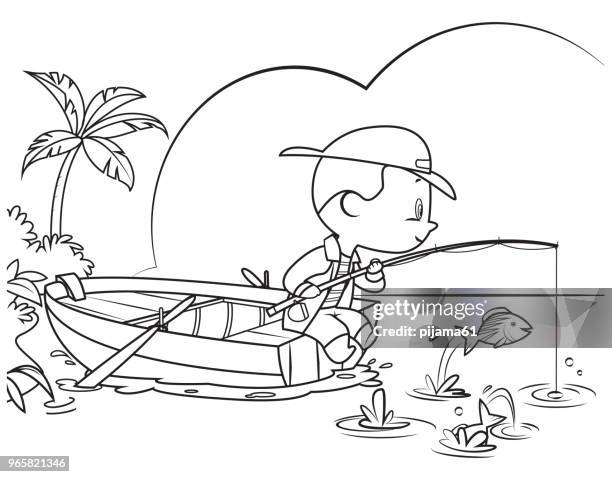 stockillustraties, clipart, cartoons en iconen met kleurboek, kleine jongen vissen - palm sunday