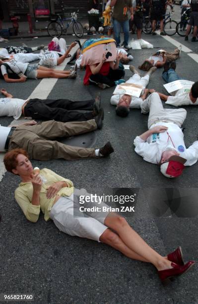 Protesting continues around New York City on the second day of the Republican National Convention. Demonstrators lying in the middle of the street on...