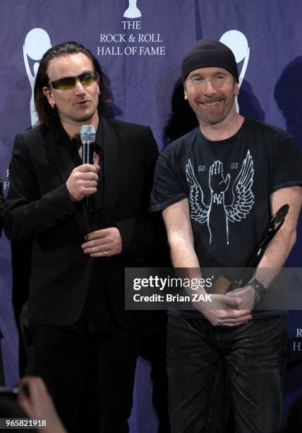 Bono and The Edge at the 20th Annual Rock and Roll Hall of Fame Induction Ceremony Press Room held at the Waldorf Astoria Hotel, New York City ZAK...