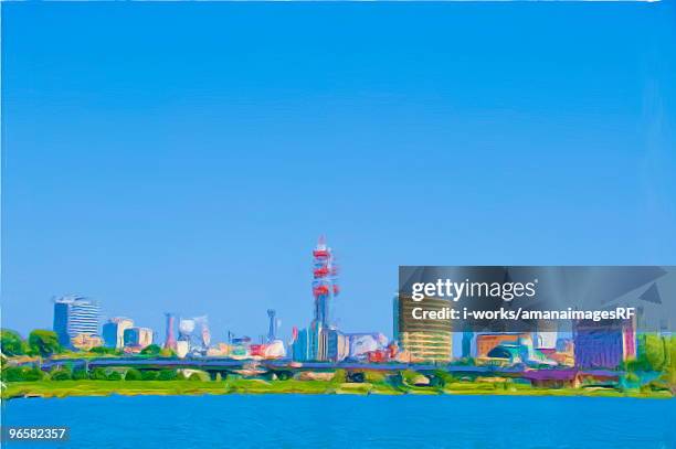 stockillustraties, clipart, cartoons en iconen met painting of skyline, mito city, ibaraki prefecture, honshu, japan - mito