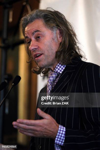 Bob Geldof speaks at the Harold Pratt House for Live Aid DVD and Band Aid 20 to help famine in Africa, New York City.