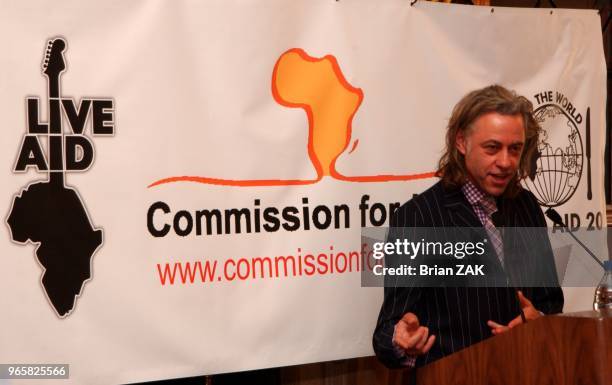 Bob Geldof speaks at the Harold Pratt House for Live Aid DVD and Band Aid 20 to help famine in Africa, New York City.