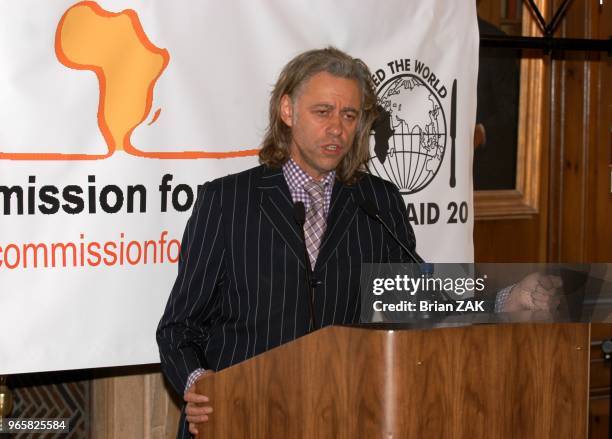 Bob Geldof speaks at the Harold Pratt House for Live Aid DVD and Band Aid 20 to help famine in Africa, New York City.