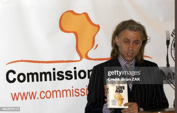 Bob Geldof speaks at the Harold Pratt House for Live Aid DVD and Band Aid 20 to help famine in Africa, New York City.