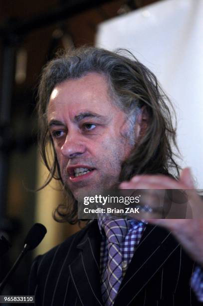 Bob Geldof speaks at the Harold Pratt House for Live Aid DVD and Band Aid 20 to help famine in Africa, New York City.