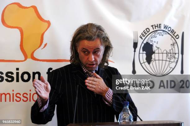 Bob Geldof speaks at the Harold Pratt House for Live Aid DVD and Band Aid 20 to help famine in Africa, New York City.