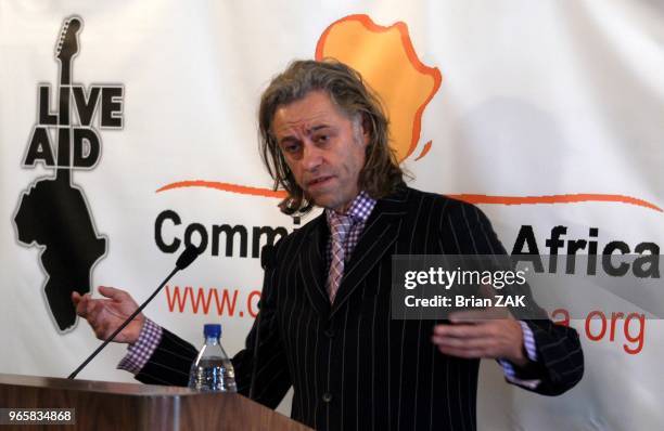 Bob Geldof speaks at the Harold Pratt House for Live Aid DVD and Band Aid 20 to help famine in Africa, New York City.