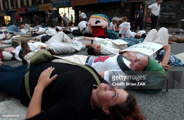 Protesting continues around New York City on the second day of the Republican National Convention. Demonstrators lying in the middle of the street on...