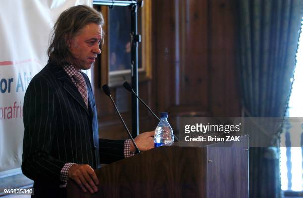 Bob Geldof speaks at the Harold Pratt House for Live Aid DVD and Band Aid 20 to help famine in Africa, New York City.