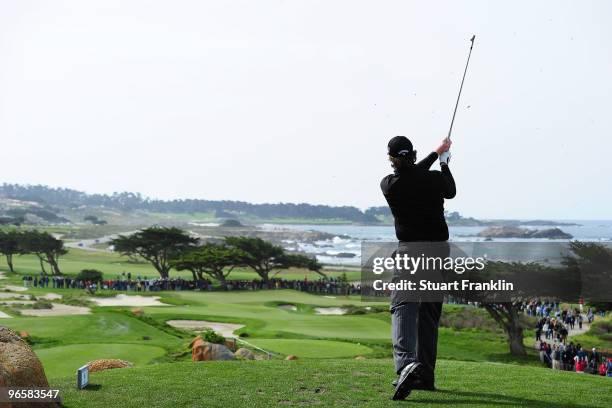 Phil Mickelson hits a tee shot on during round one of the AT&T Pebble Beach National Pro-Am at Monterey Peninsula Country Club Shore Course on...