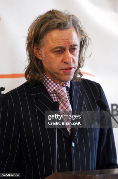 Bob Geldof speaks at the Harold Pratt House for Live Aid DVD and Band Aid 20 to help famine in Africa, New York City.