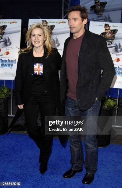 Kate Winslet and Hugh Jackman arrive to the premiere of "Flushed Away" at AMC Lincoln Square , New York City BRIAN ZAK.