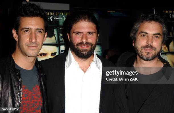 Jose Maria Yazpik, Sebastian Cordero, director/screenwriter and Alfonso Cuaron, producer arrive to the premiere of "Cronicas" held at the Angelika...