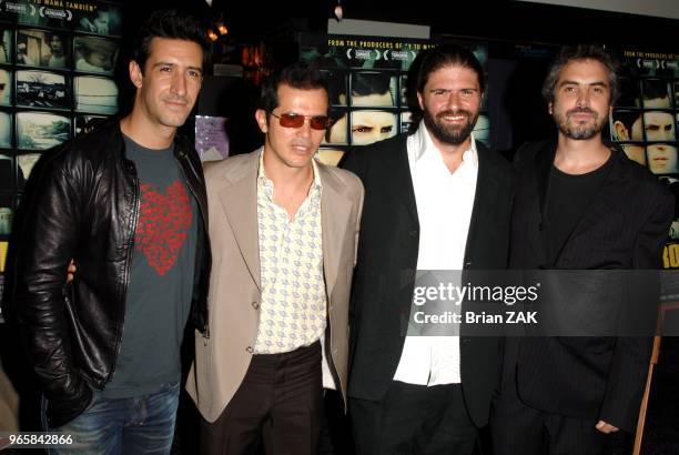 Jose Maria Yazpik, John Leguizamo, Sebastian Cordero, director/screenwriter and Alfonso Cuaron, producer arrive to the premiere of "Cronicas" held at...