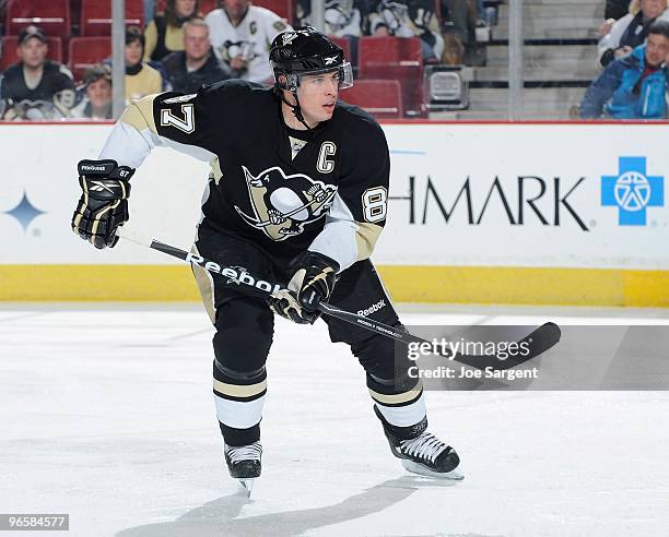 Sidney Crosby of the Pittsburgh Penguins skates against the New York Islanders on February 10, 2010 at Mellon Arena in Pittsburgh, Pennsylvania.