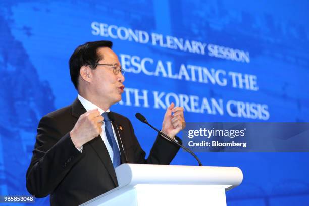 Song Young-moo, South Korea's defense minister, speaks during the IISS Shangri-La Dialogue Asia Security Summit in Singapore, on Saturday, June 2,...