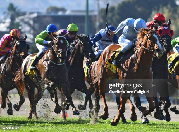 Luke Currie riding Balancing Act winning Race 4 during Melbourne Racing at Moonee Valley Racecourse on June 2, 2018 in Melbourne, Australia.