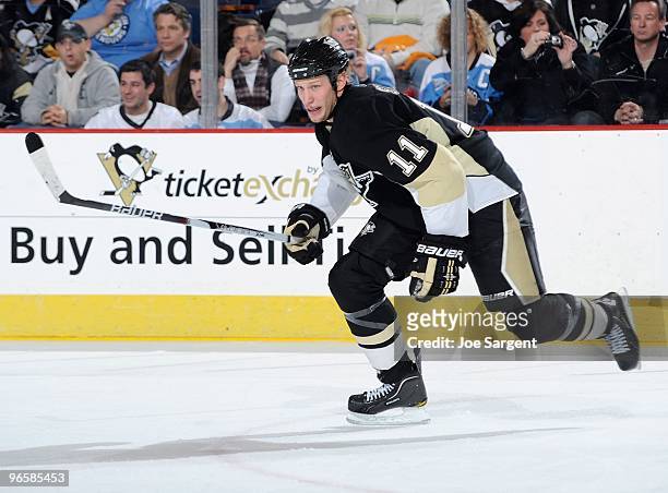 Jordan Staal of the Pittsburgh Penguins skates up ice against the New York Islanders on February 10, 2010 at Mellon Arena in Pittsburgh, Pennsylvania.