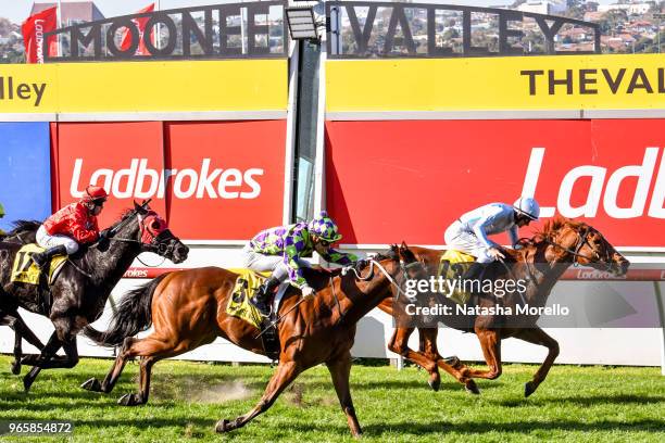 Balancing Act ridden by Luke Currie wins the Dominant MVRC Partnership Handicap at Moonee Valley Racecourse on June 02, 2018 in Moonee Ponds,...