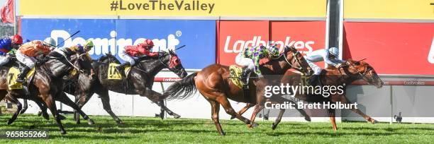 Balancing Act ridden by Luke Currie wins the Dominant MVRC Partnership Handicap at Moonee Valley Racecourse on June 02, 2018 in Moonee Ponds,...