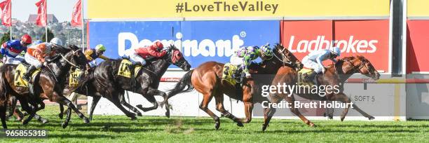 Balancing Act ridden by Luke Currie wins the Dominant MVRC Partnership Handicap at Moonee Valley Racecourse on June 02, 2018 in Moonee Ponds,...