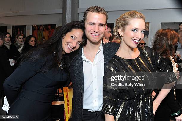 Emma Snowdon-Jones, Zev Eisenberg, and TV personality Katrina Szish attend Mercedes-Benz Fashion Week at Bryant Park on February 11, 2010 in New York...