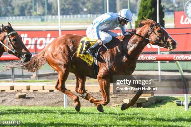 Balancing Act ridden by Luke Currie wins the Dominant MVRC Partnership Handicap at Moonee Valley Racecourse on June 02, 2018 in Moonee Ponds,...